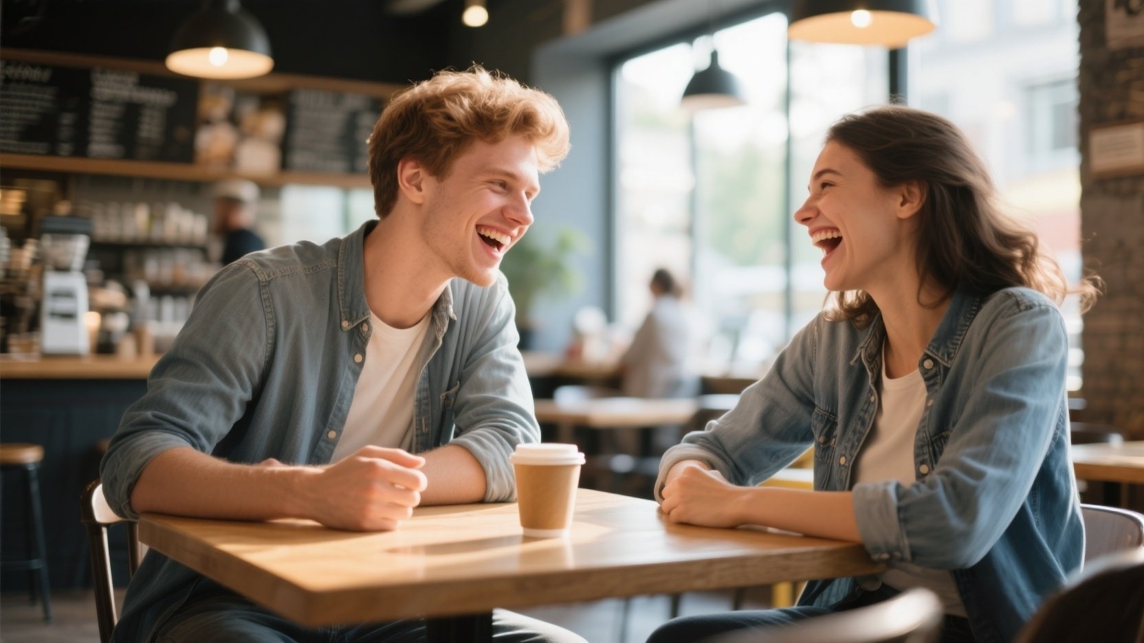 Guy and girl laughing together in a cafe after using rizz lines